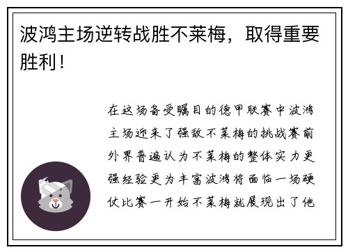 波鸿主场逆转战胜不莱梅，取得重要胜利！