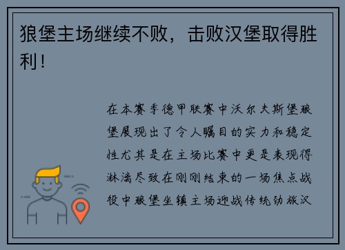 狼堡主场继续不败，击败汉堡取得胜利！